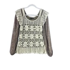 Ryu Boho Crochet Overlay Long Sleeve Top Cream Brown Size S/M